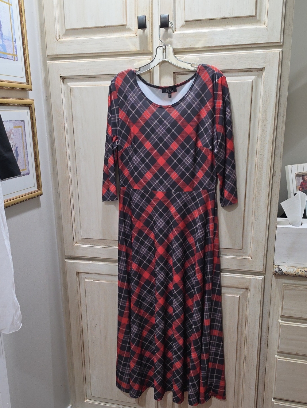 LBISSE 3/4 sleeve fit and flare maxi dress in red and black plaid